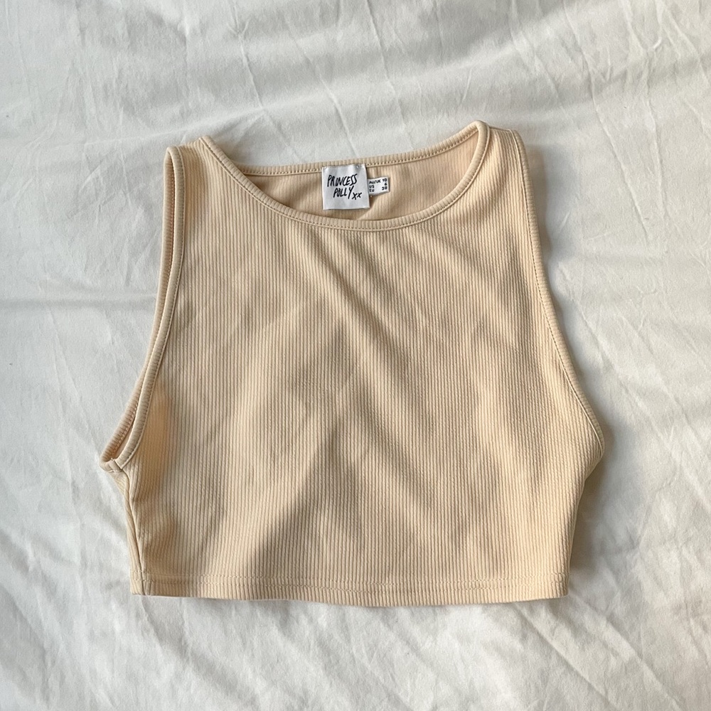 Princess Polly Laila Top Cropped High Neck Ribbed Tank in Beige